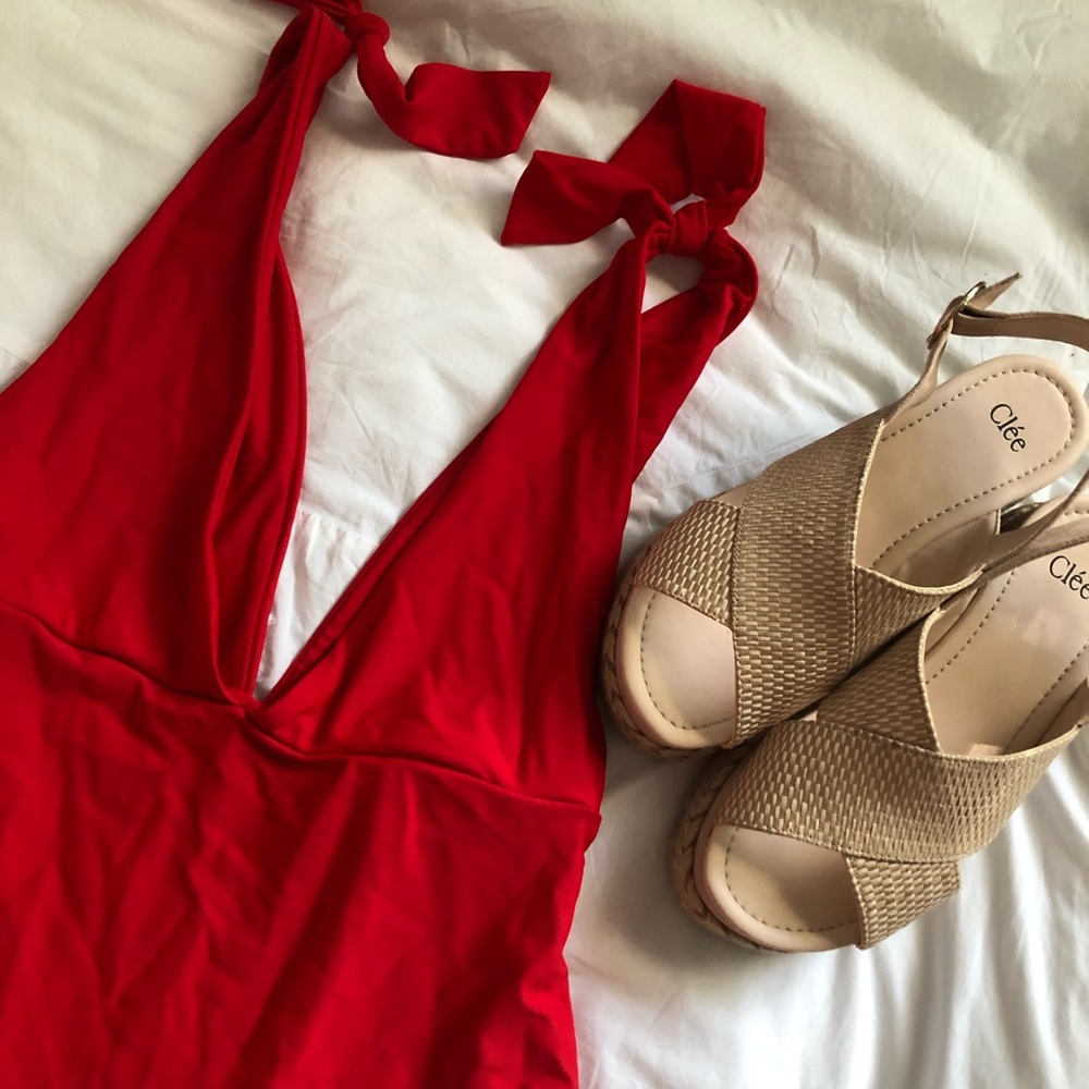 Red Low V Neck One-Piece